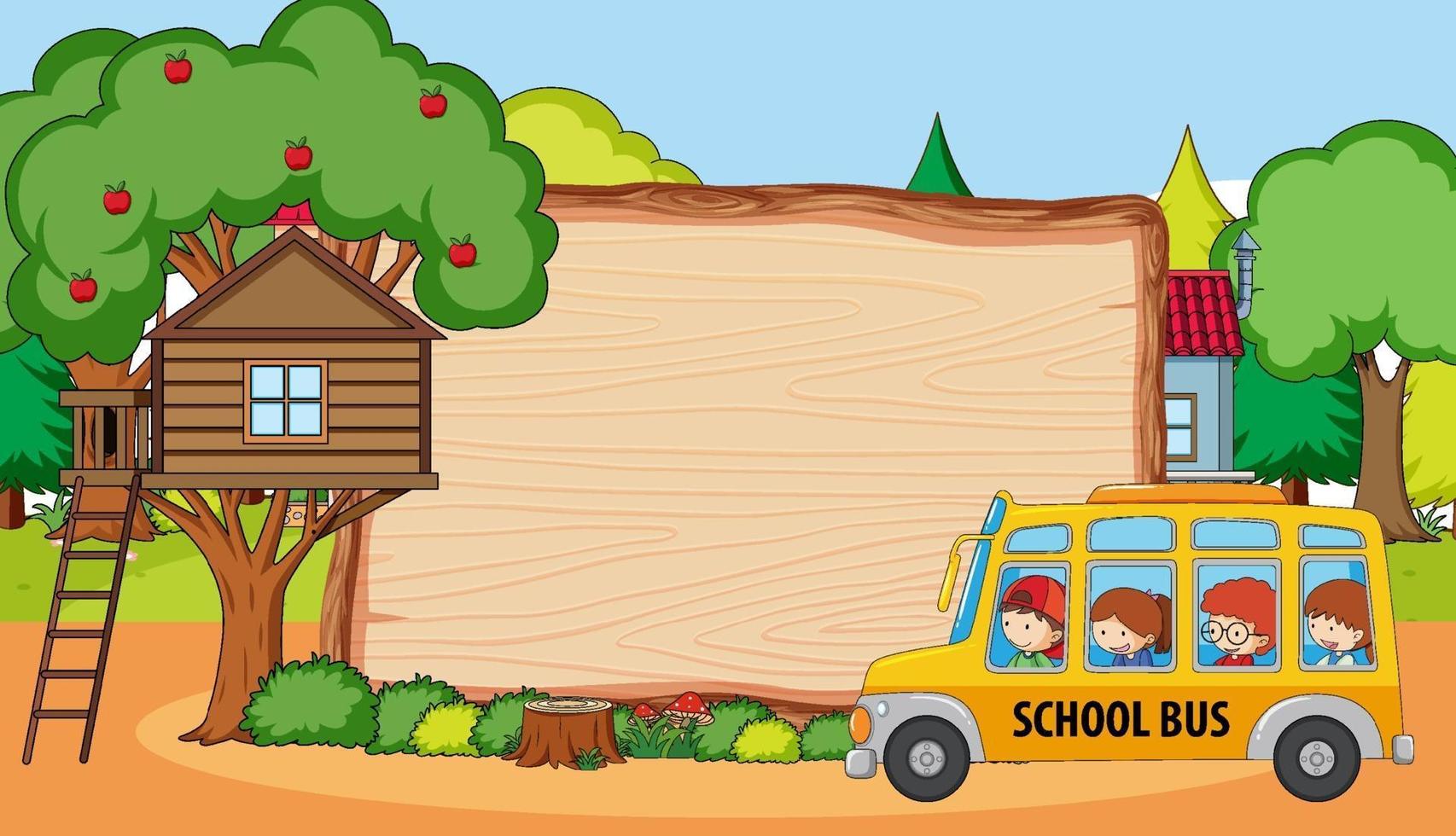 Empty wooden board in park scene with many kids on school bus vector