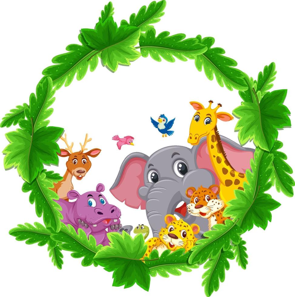 Round green leaves banner with wild animals vector