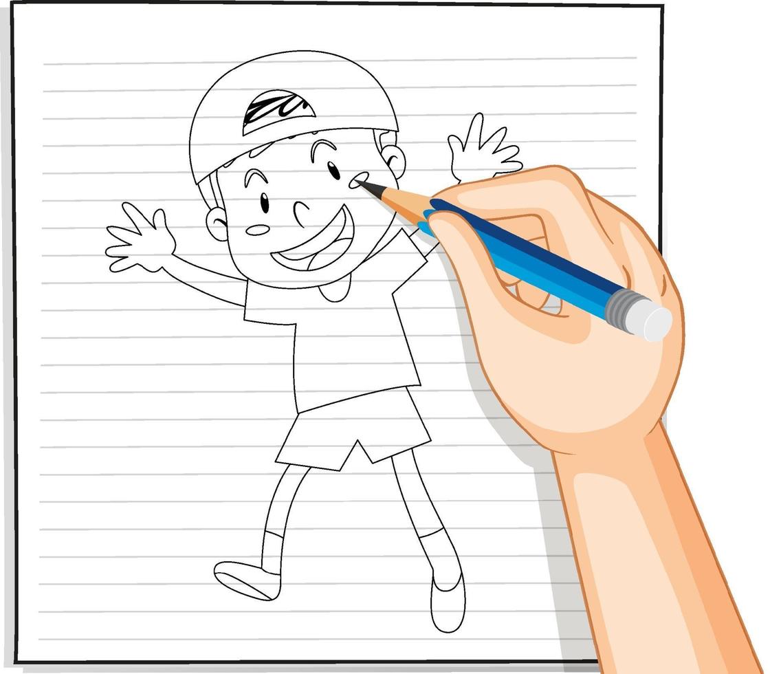 Hand writing of cute boy wearing cap outline vector
