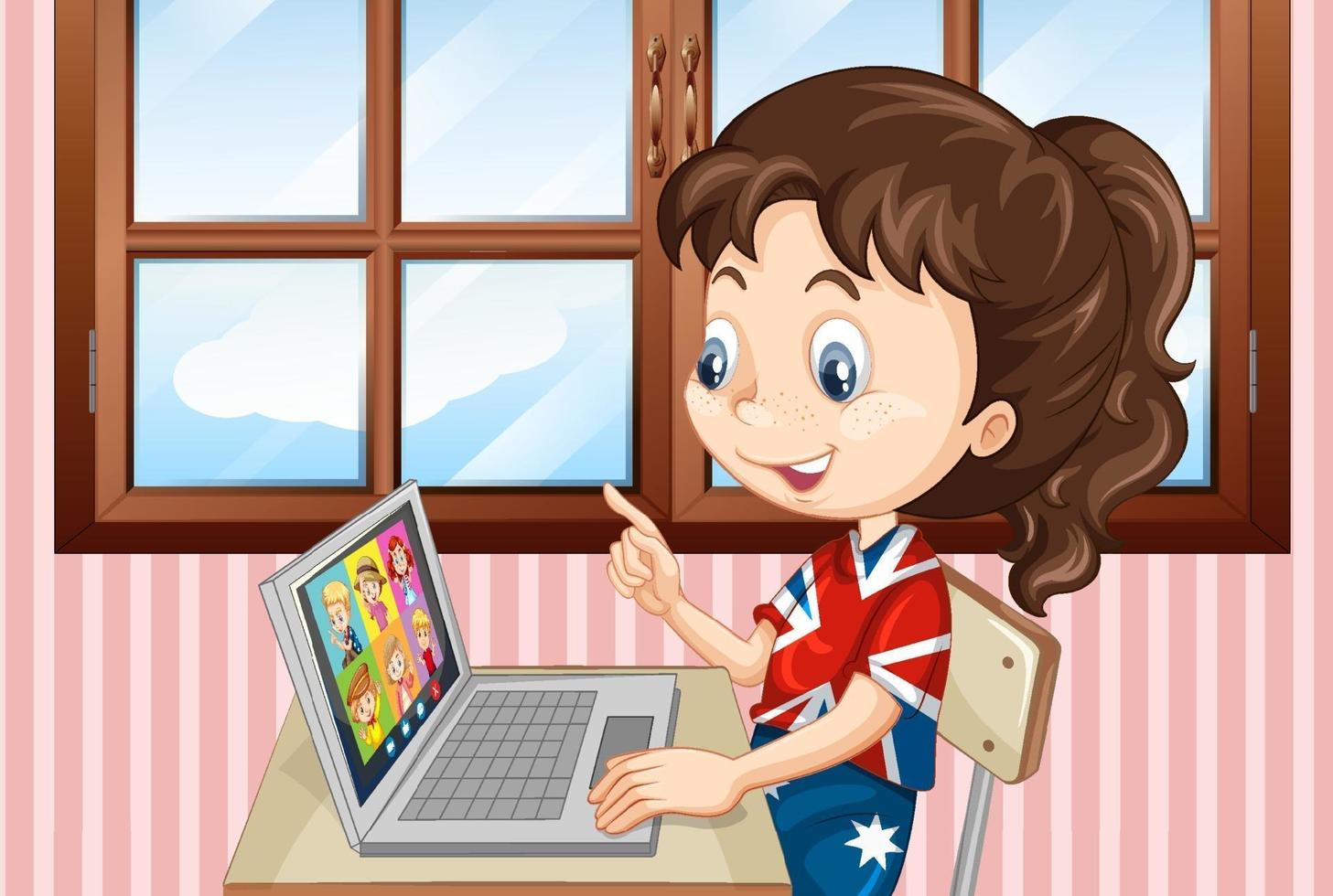 A girl communicate video conference with friends at home scene vector