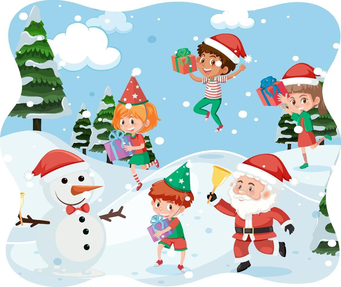 Merry Christmas scene with Santa Claus playing with many children in snow scene vector
