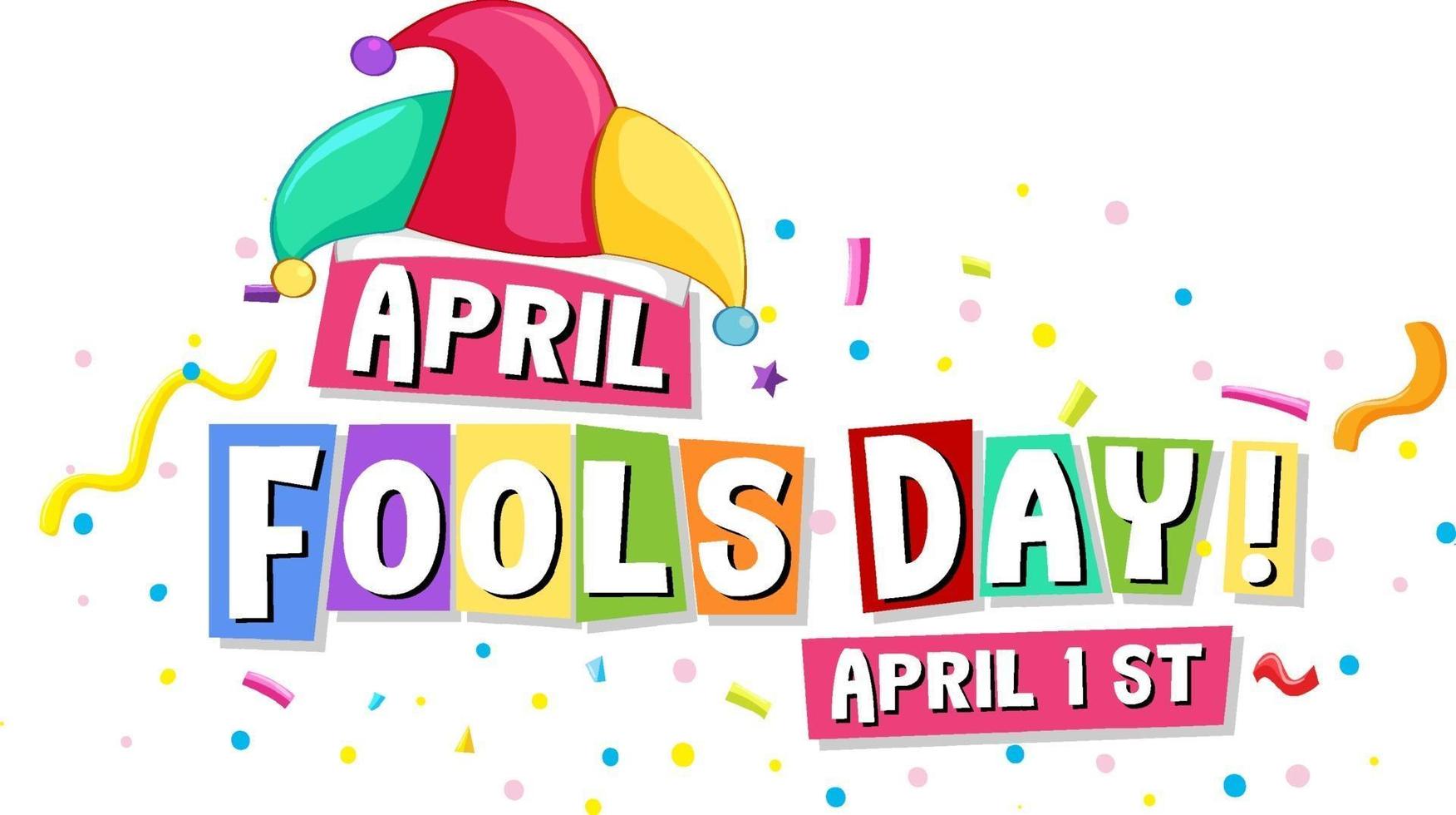 April Fool's Day font logo with Jester hat and colorful confetti vector