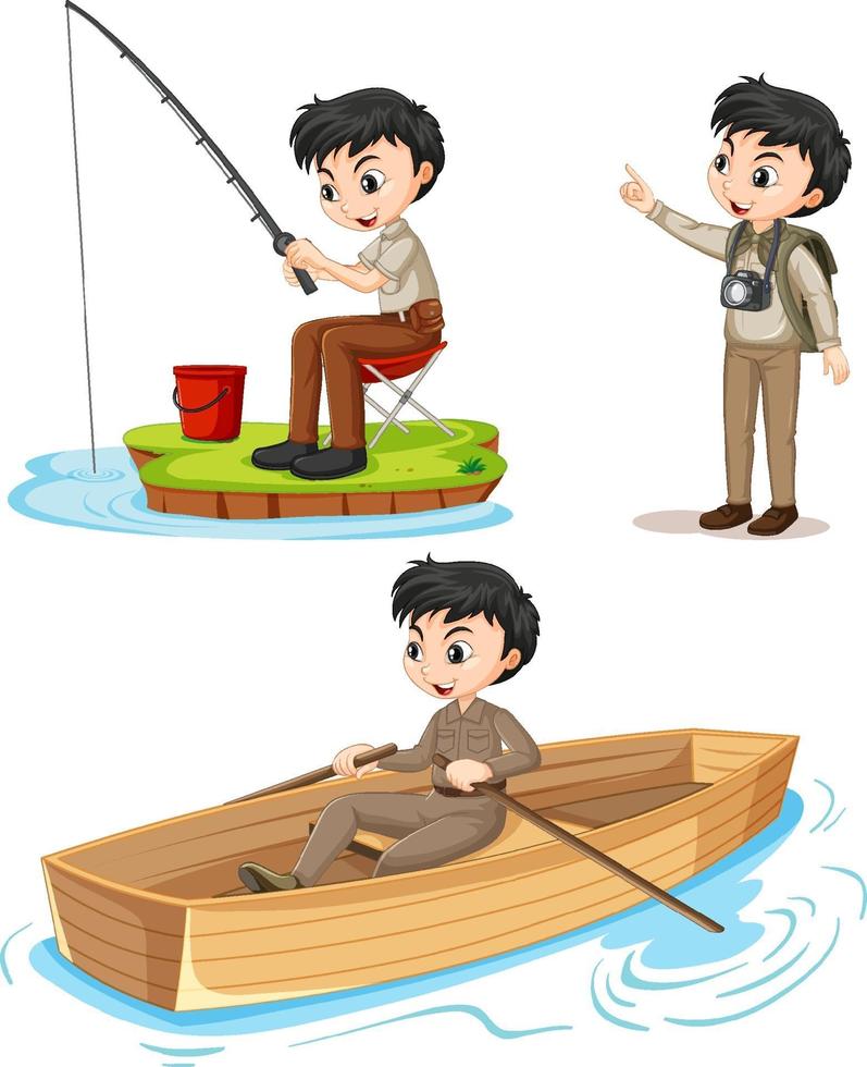 Cartoon character of a boy in camping outfits doing different activities vector