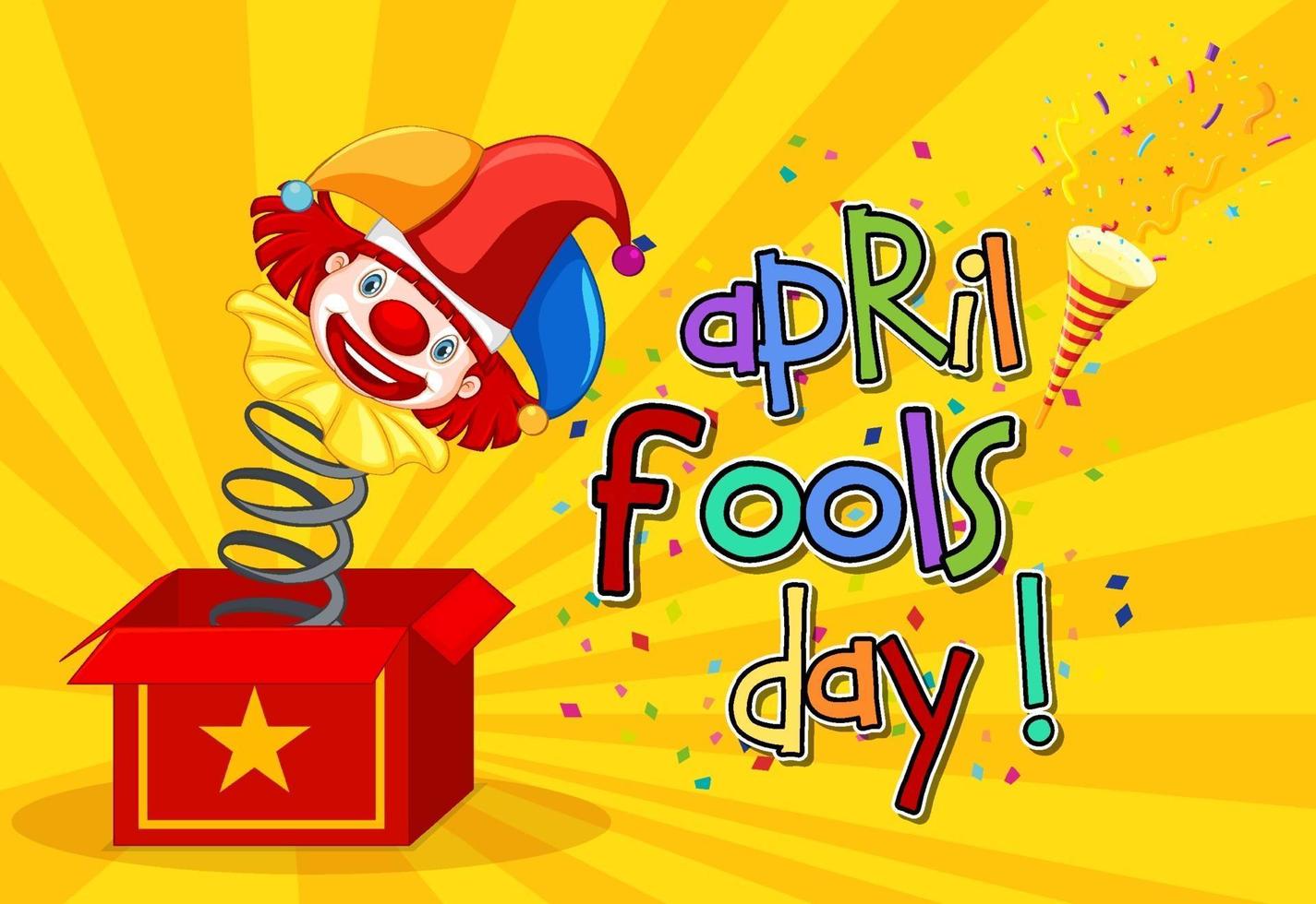 April Fool's Day font logo with Jester from surprise box on yellow background vector