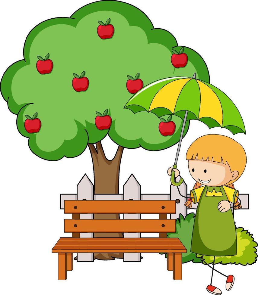 Doodle cartoon character a girl holding an umbrella with apple tree vector