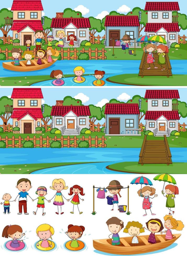 Set of different horizontal scenes background with doodle kids cartoon character vector
