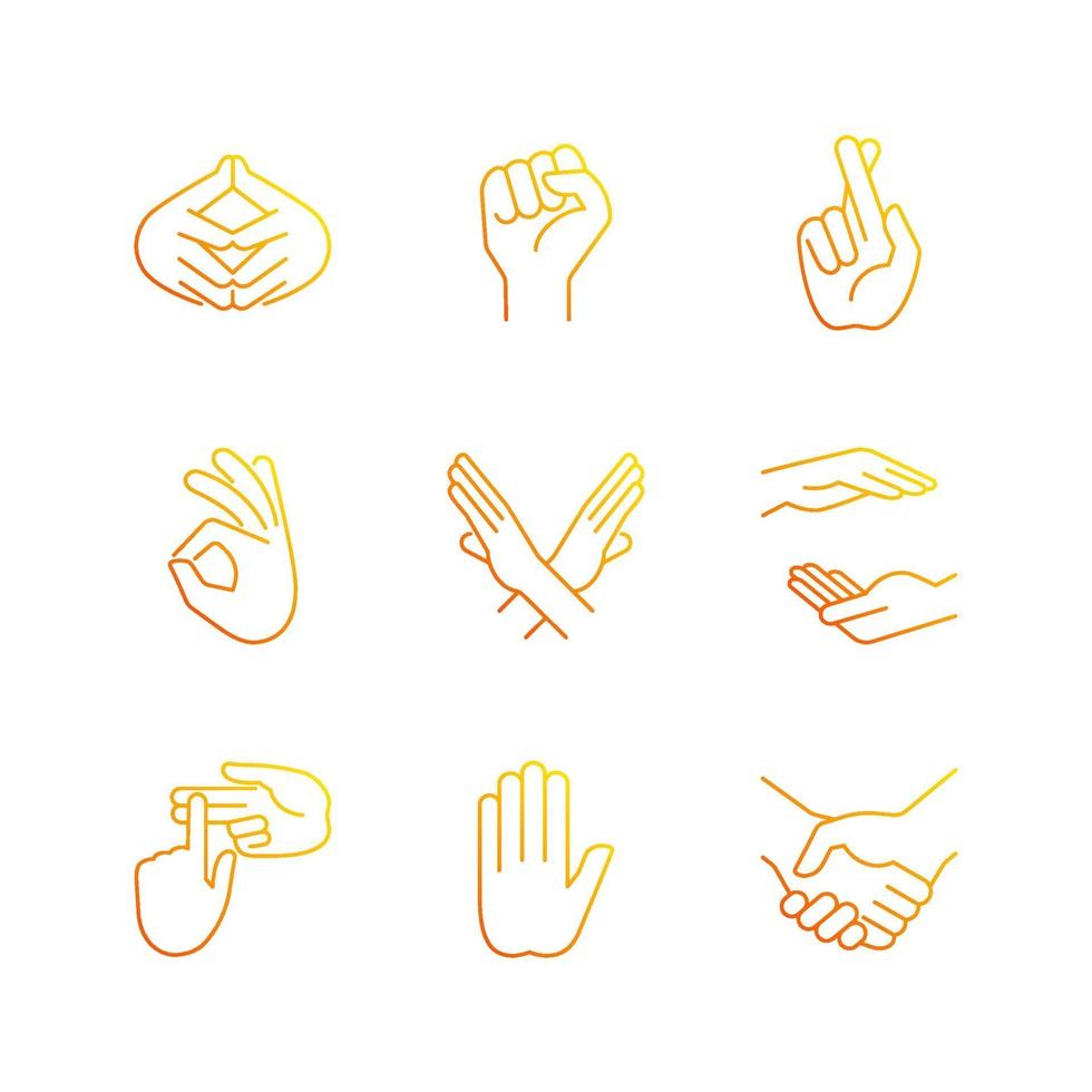 Hand gestures gradient linear vector icons set