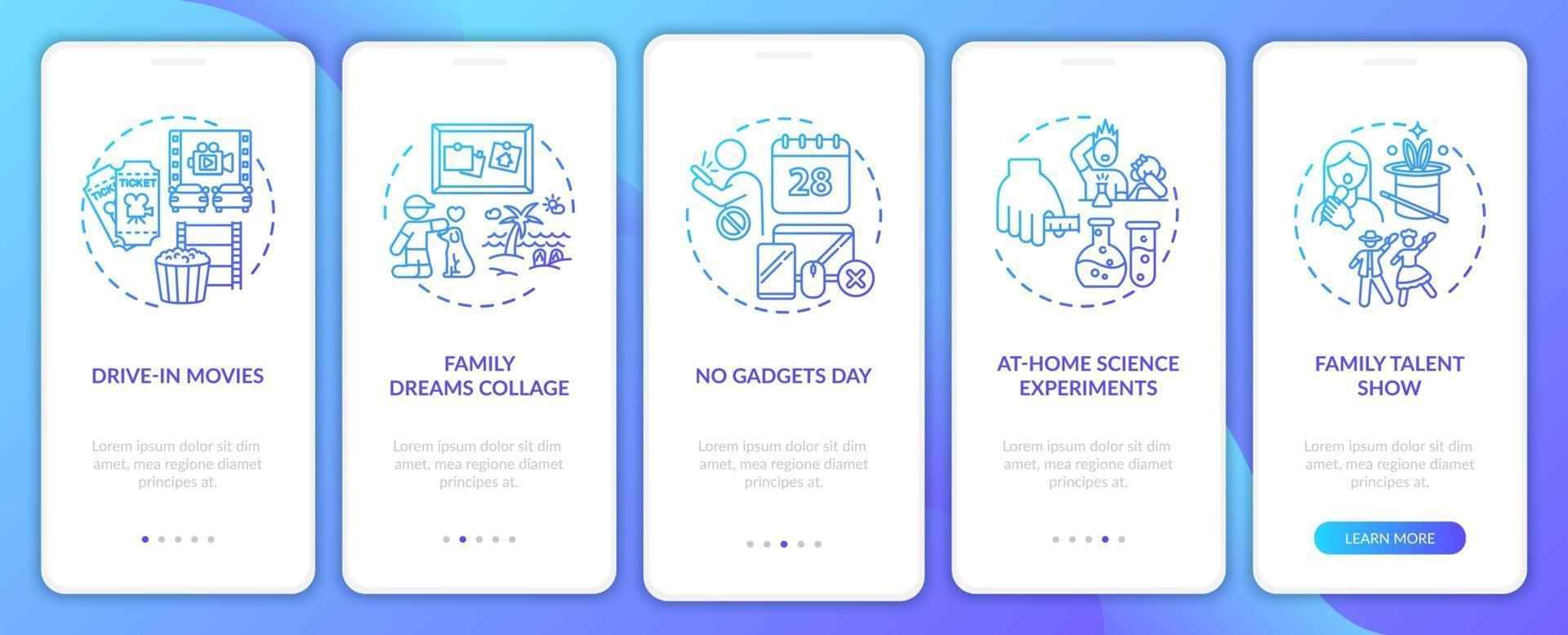 Family fun ideas onboarding mobile app page screen with concepts vector