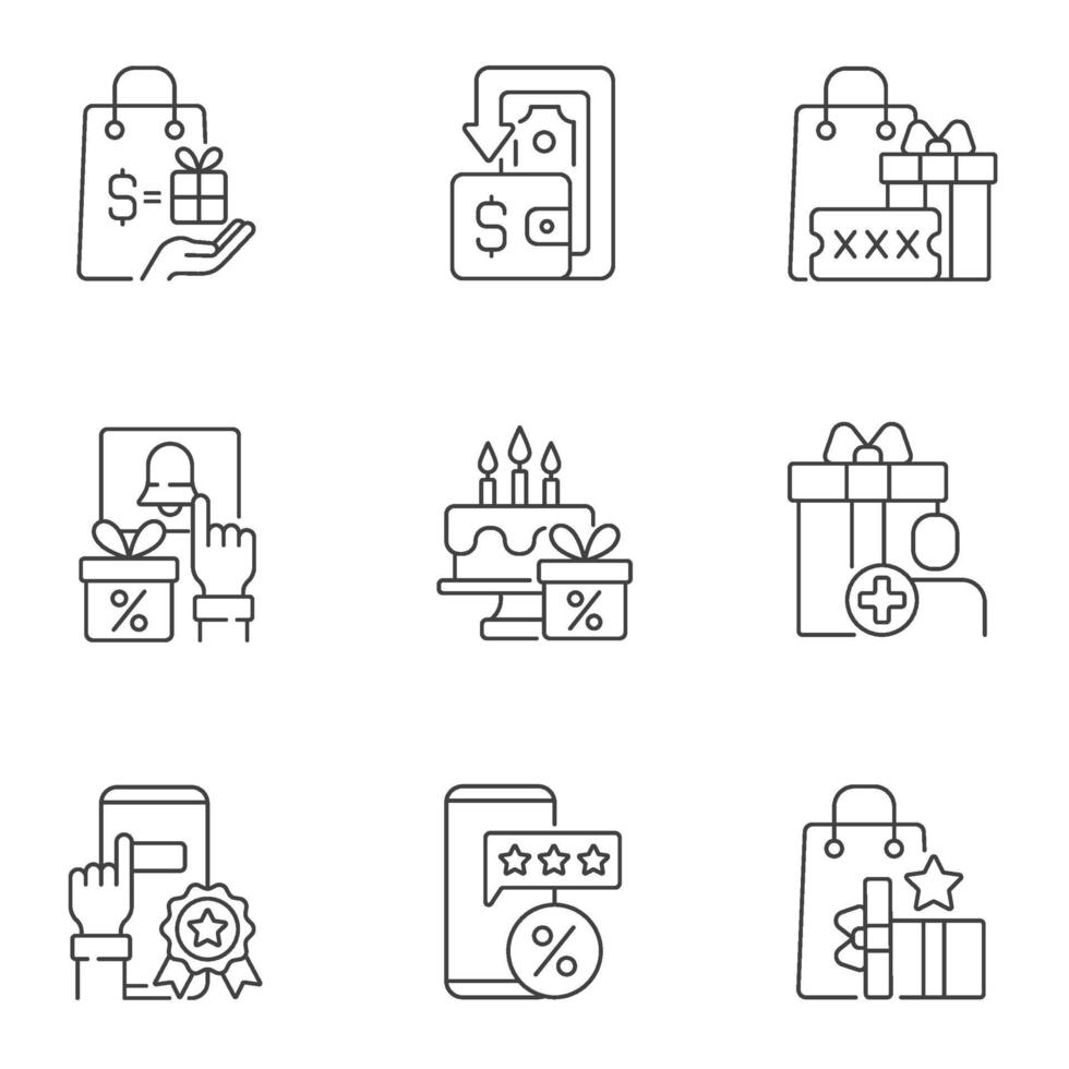 Cash back and cost reduction linear icons set for dark and light mode vector