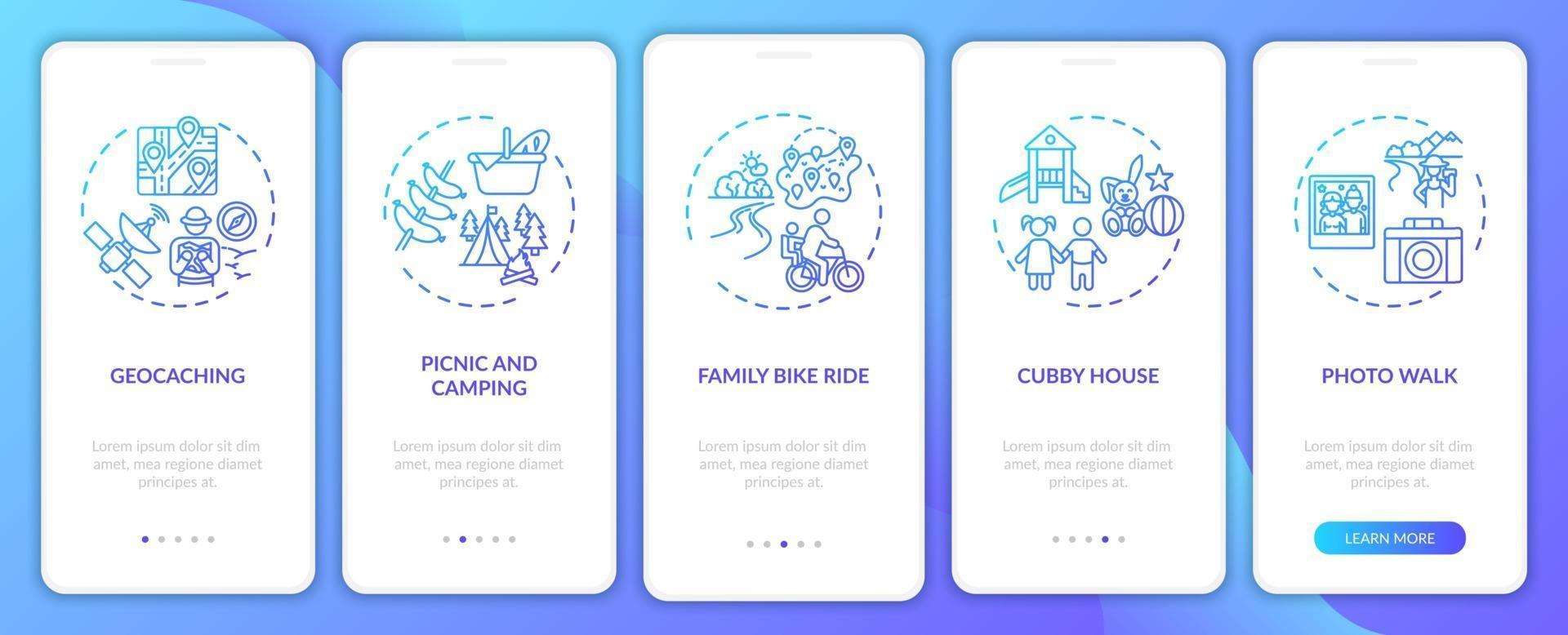 Outdoor family activities onboarding mobile app page screen with concepts vector