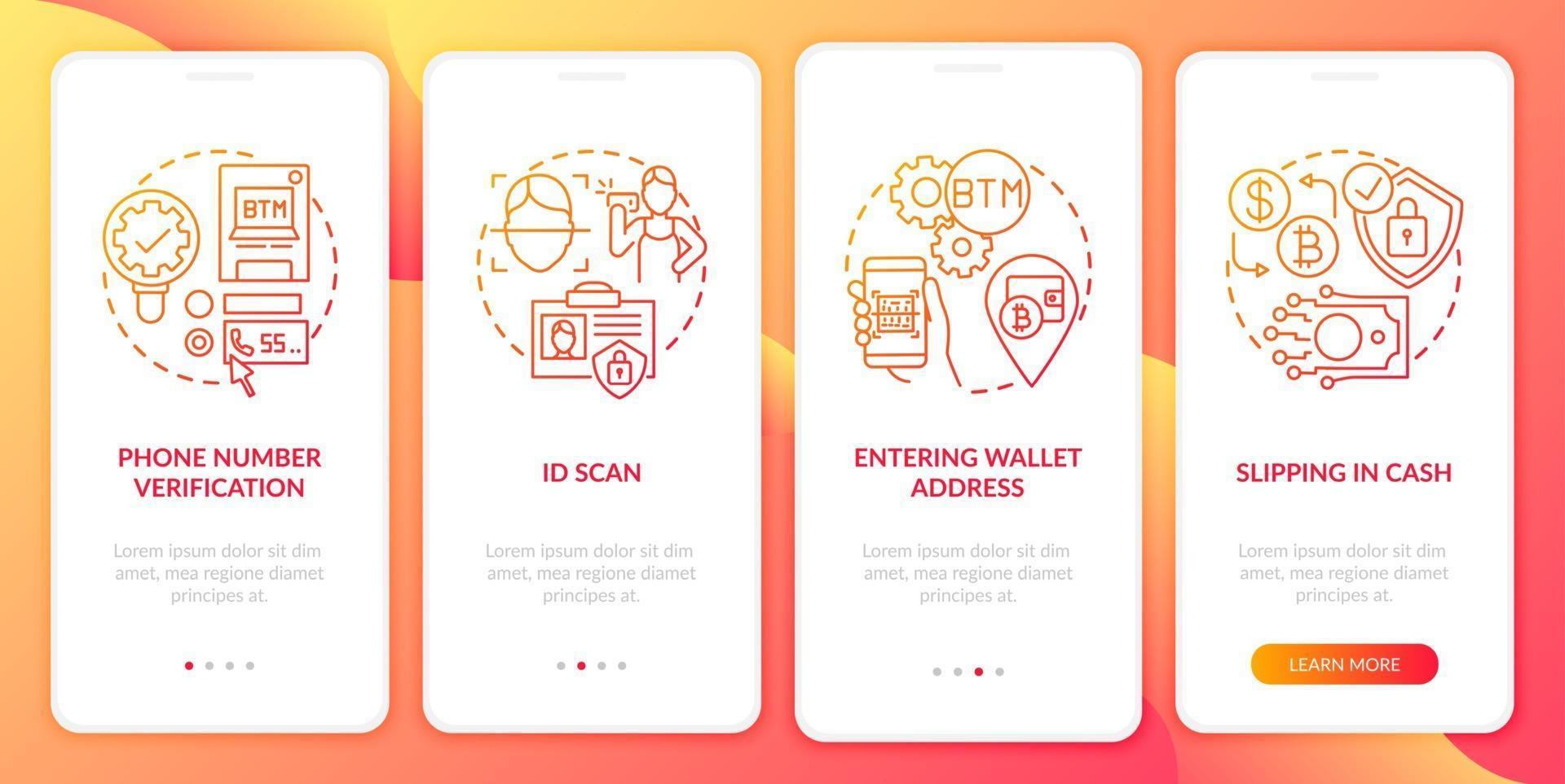 Bitcoin ATM verification steps onboarding mobile app page screen with concepts vector
