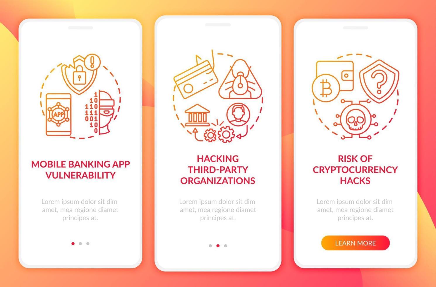 Banking security breach reasons onboarding mobile app page screen with concepts vector
