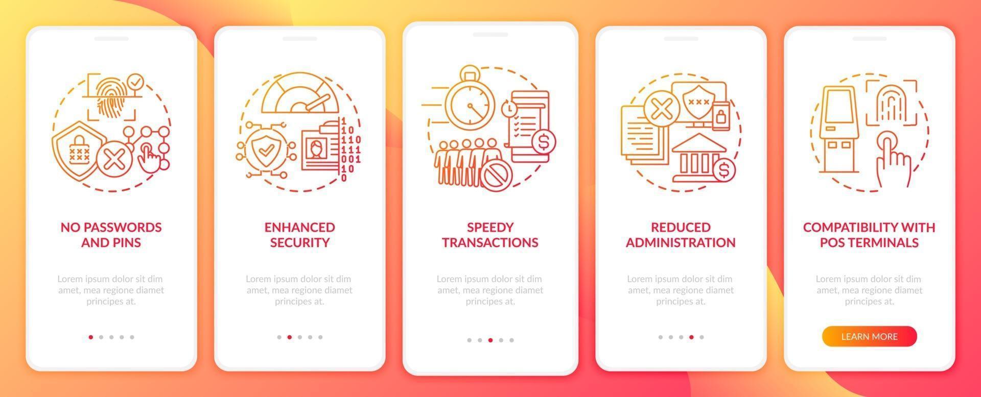 Biometric payment benefits onboarding mobile app page screen with concepts vector