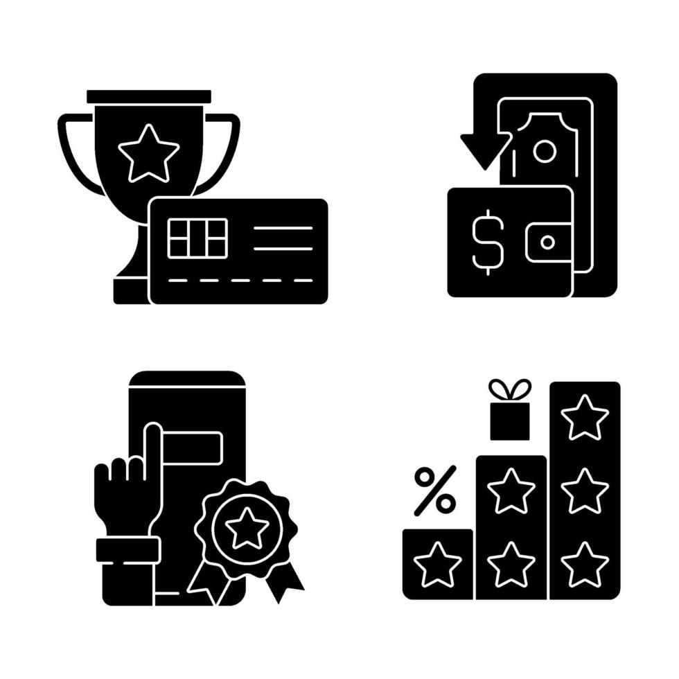 Benefits and refunds black glyph icons set on white space vector