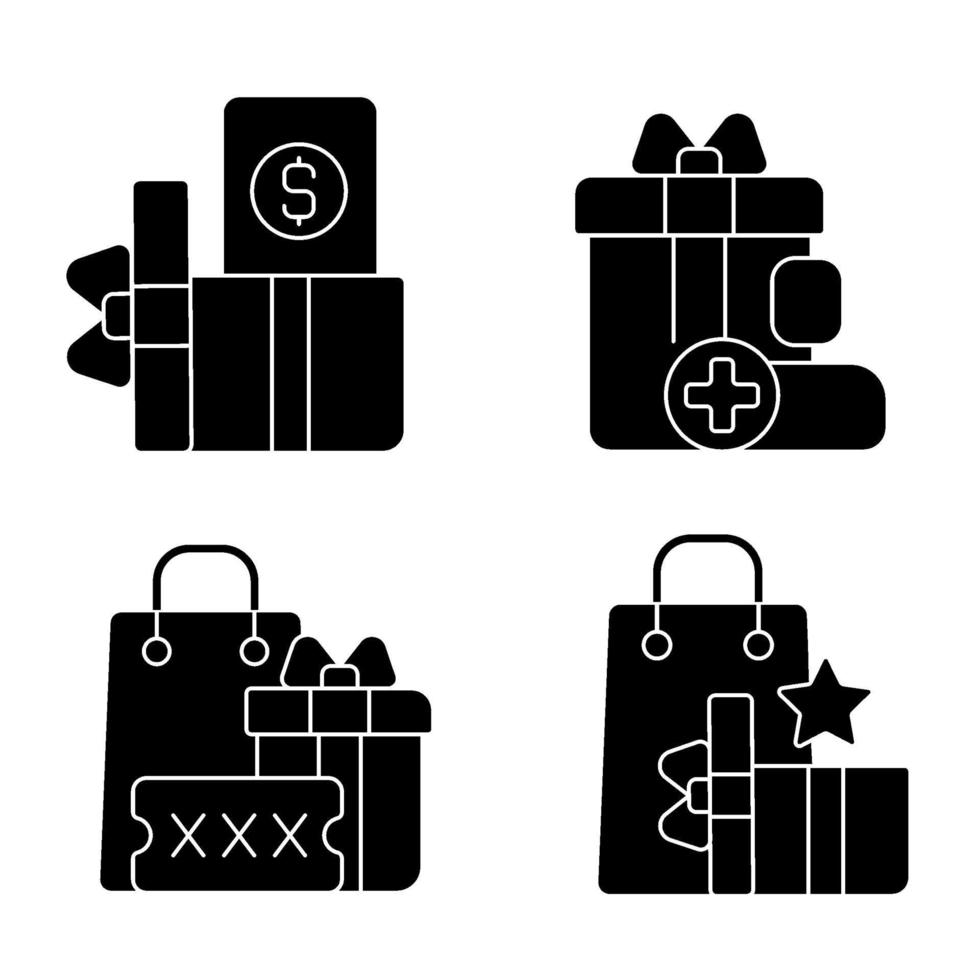 Purchase discounts and cashback black glyph icons set on white space vector