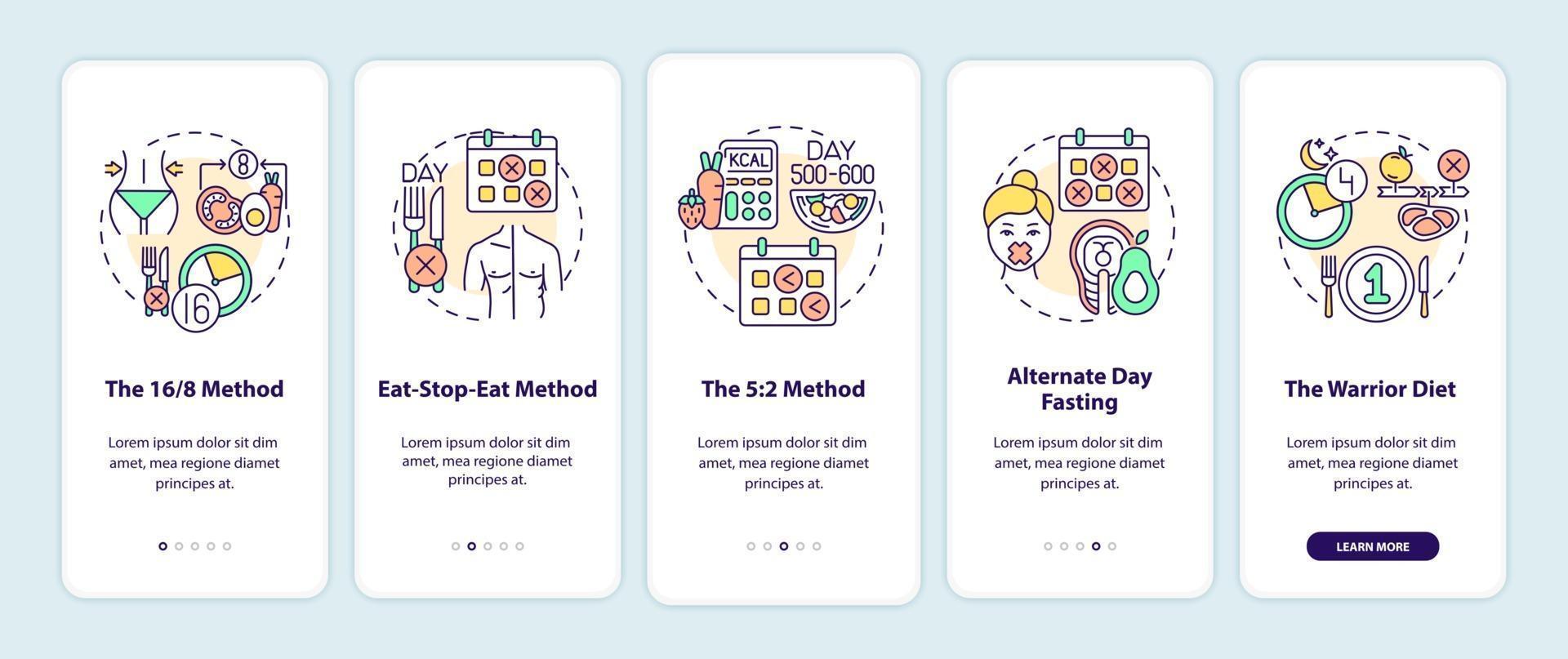 Intermittent fasting methods onboarding mobile app page screen with concepts vector