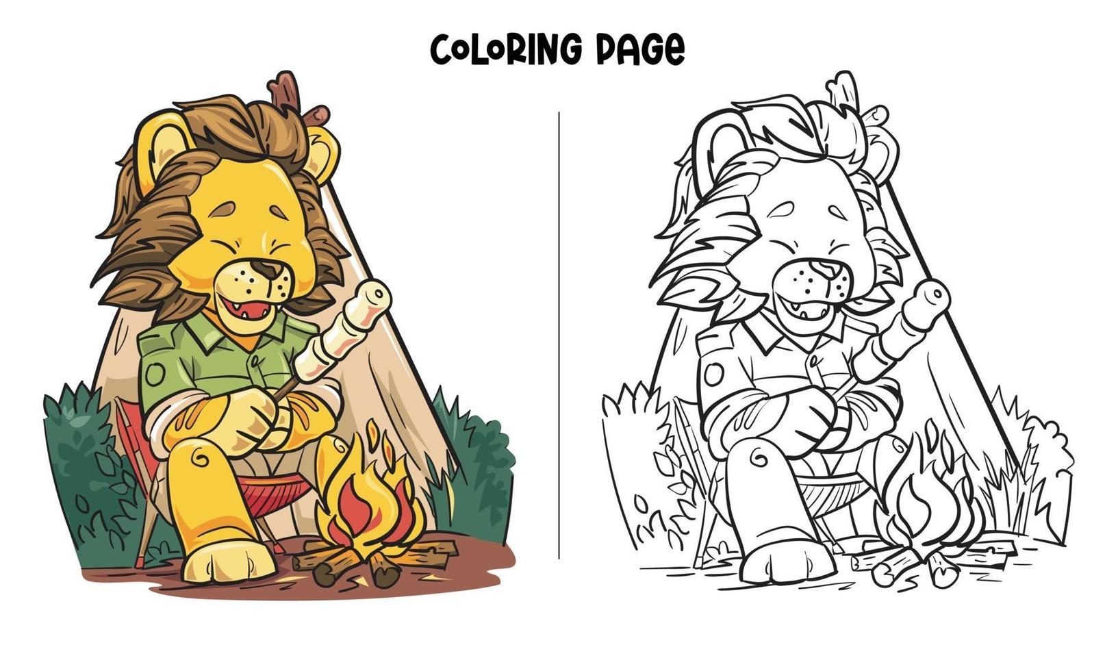 A Lion Enjoys Roasting Marshmallow Coloring Page vector