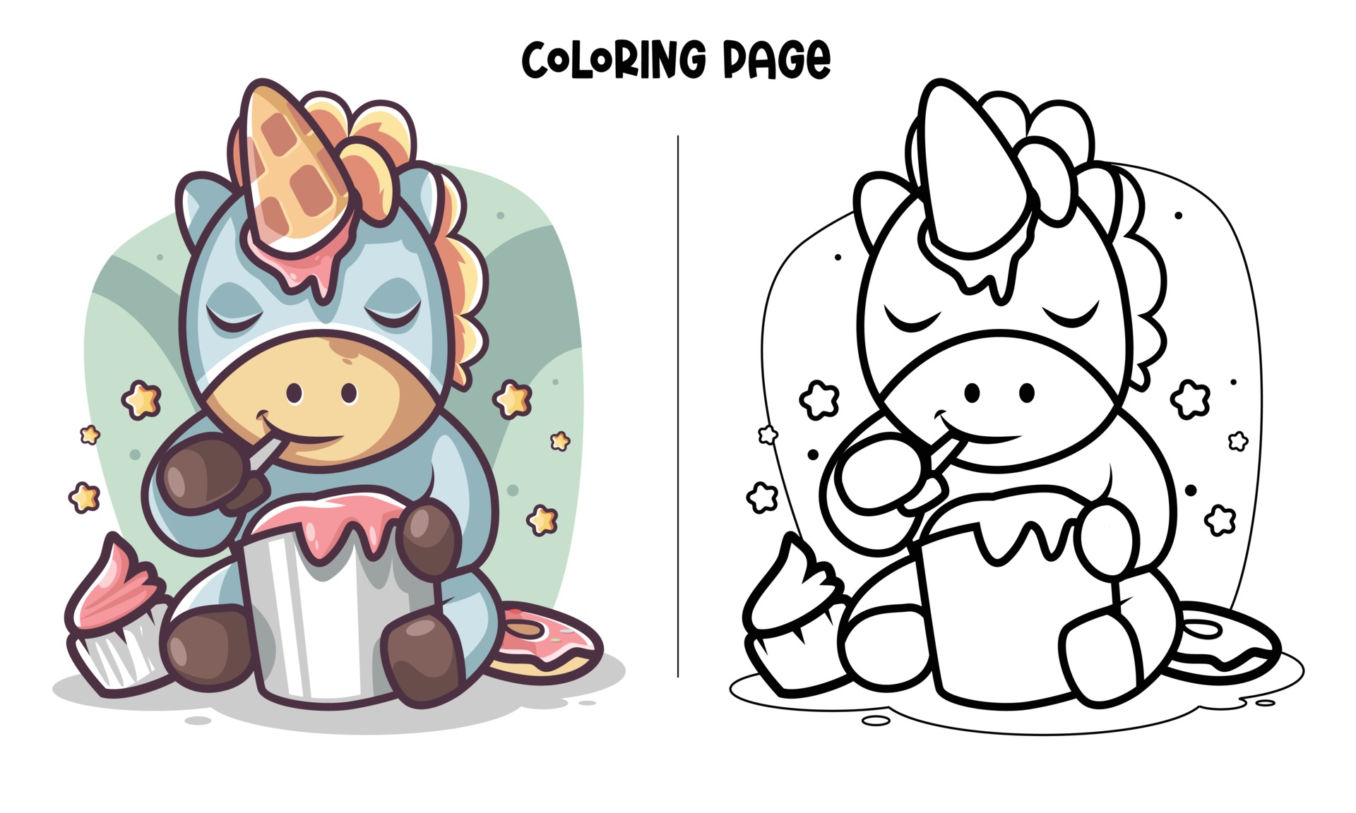 Unicorn Eats Ice Cream Coloring Page 2146440 Vector Art at ...