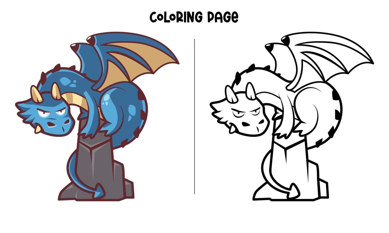 Blue Dragon Standing On The Rock Coloring Page vector
