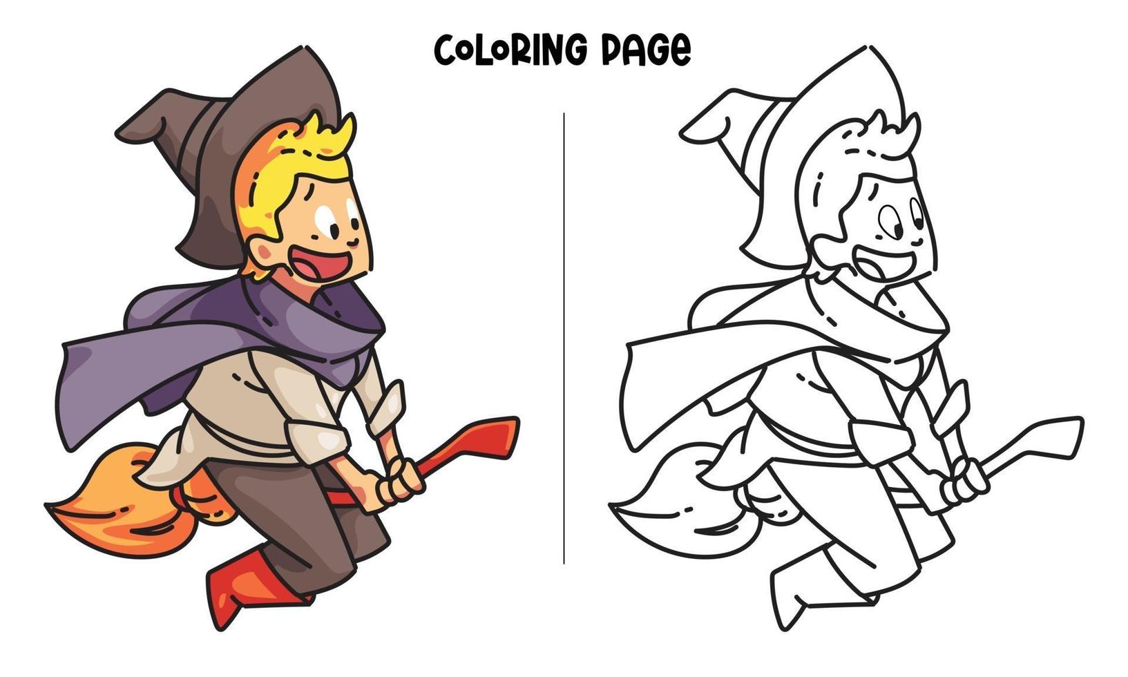 happy little wizard riding a broom Coloring Page vector