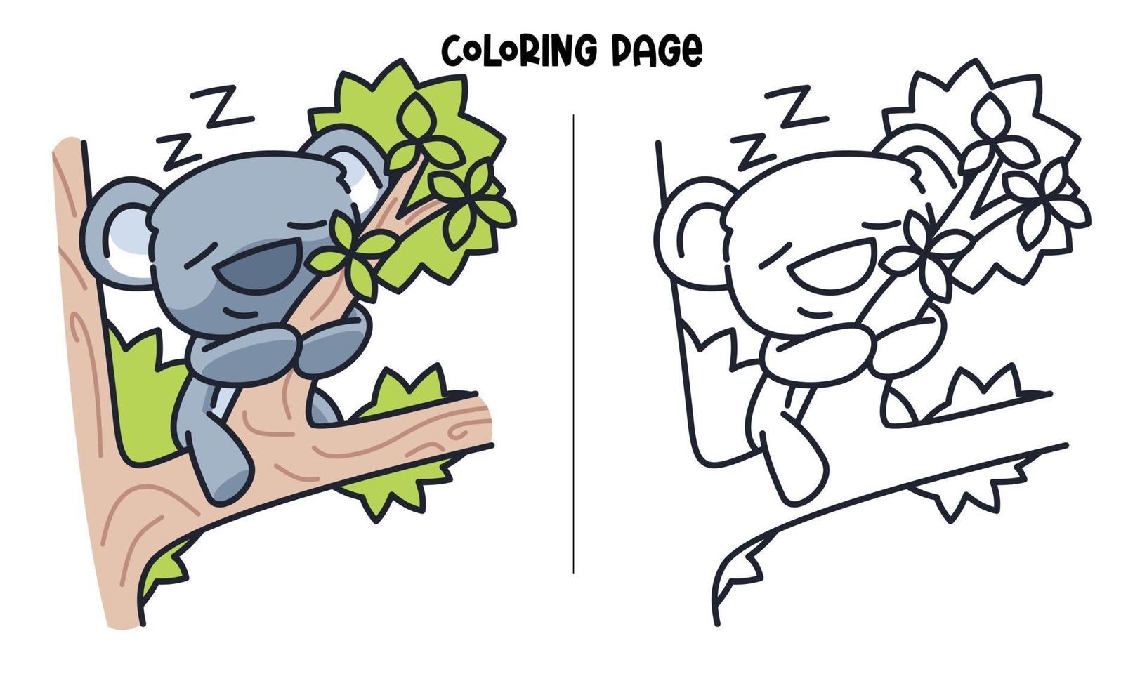 Cute Koala Sleeping On The Branch Of Tree Coloring Page vector