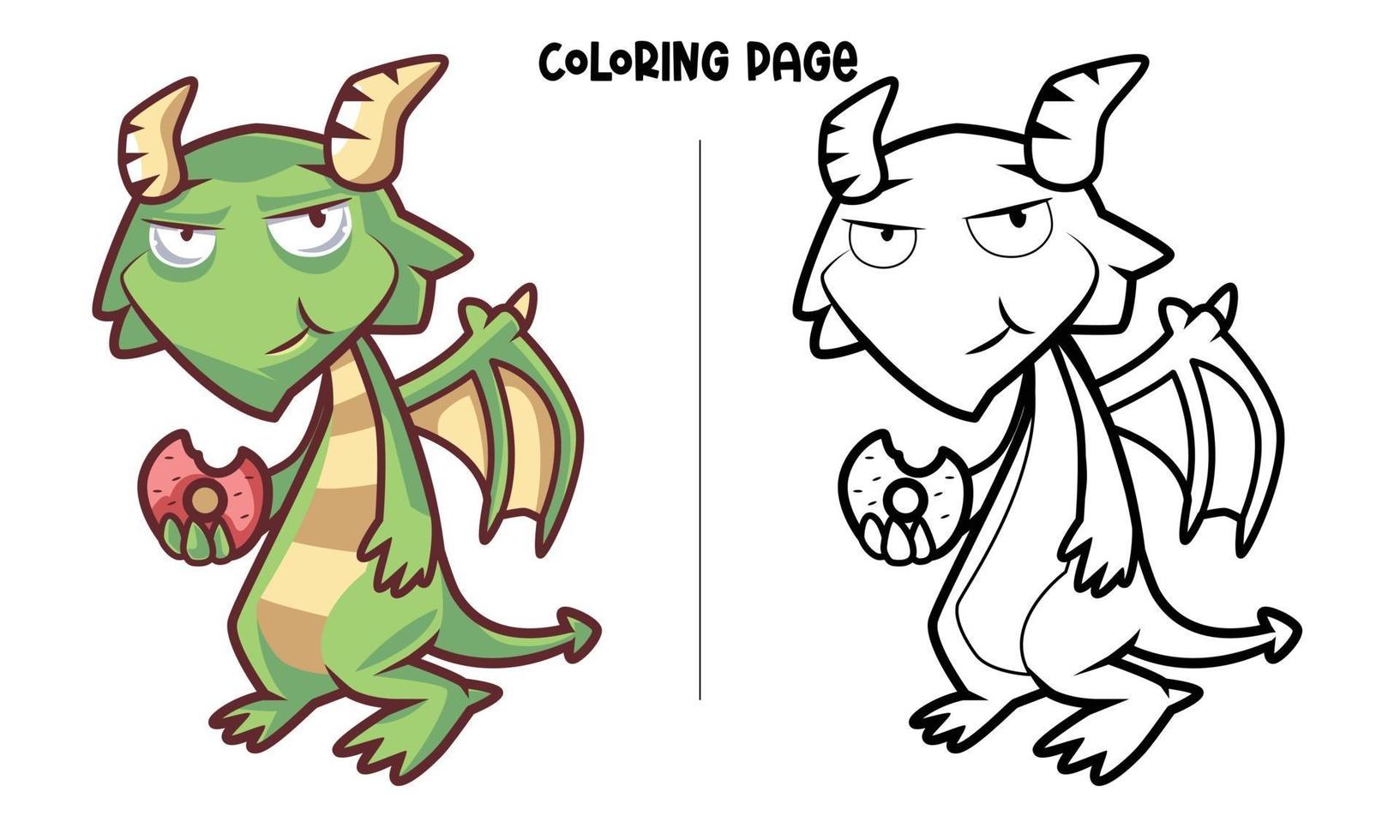 The Green Dragon Is Eating A Donut Coloring Page vector