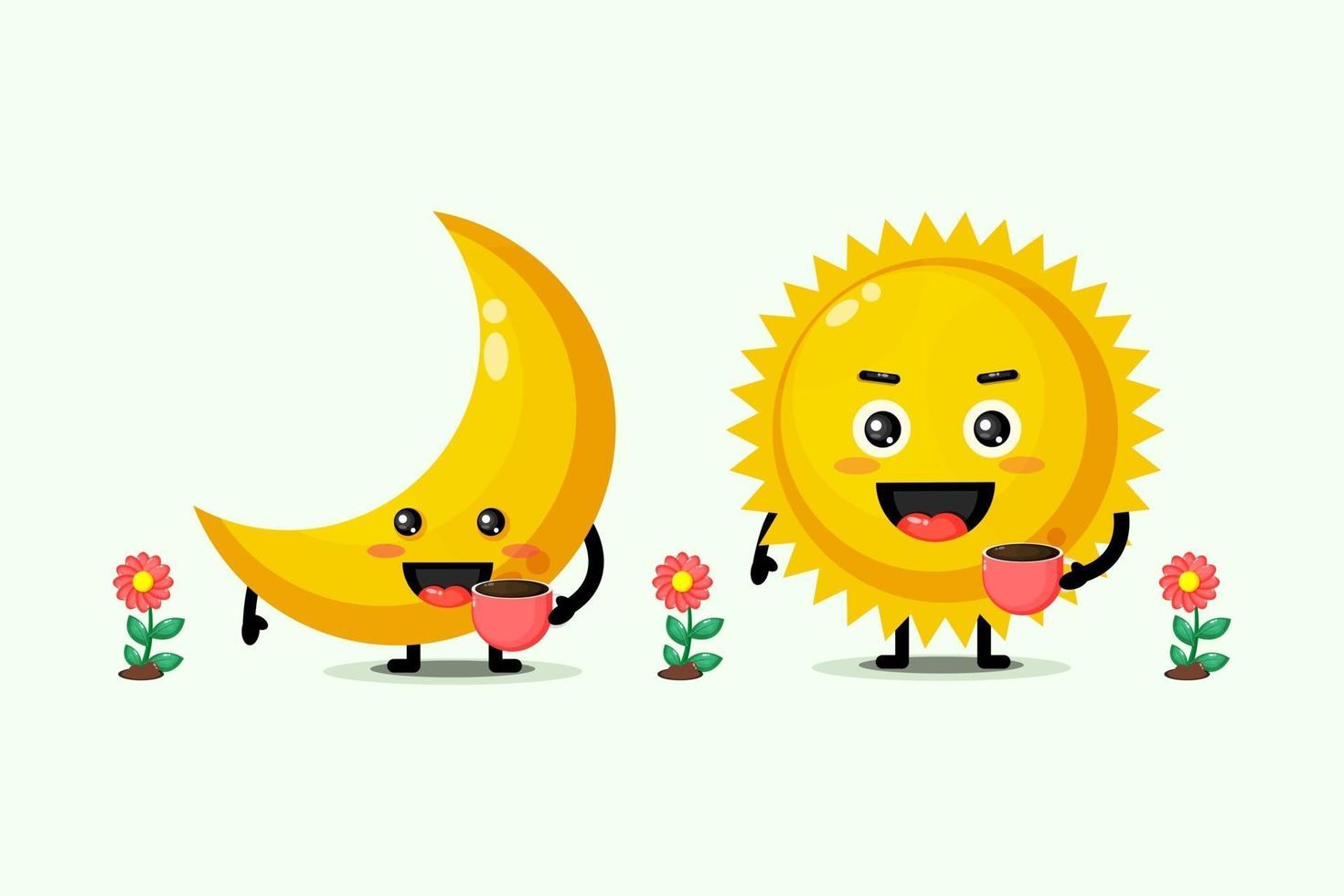 Cute moon and sun holding coffee cups vector