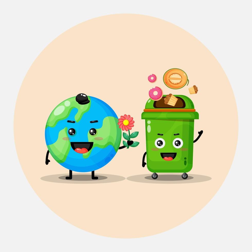 Cute mascot design earth and trash bin vector