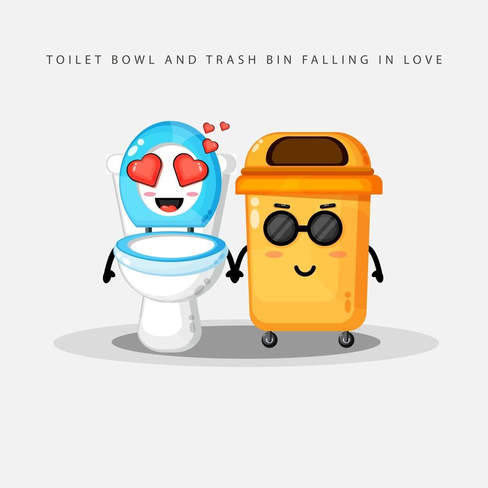 Cute toilet bowl and trash bin falling in love vector