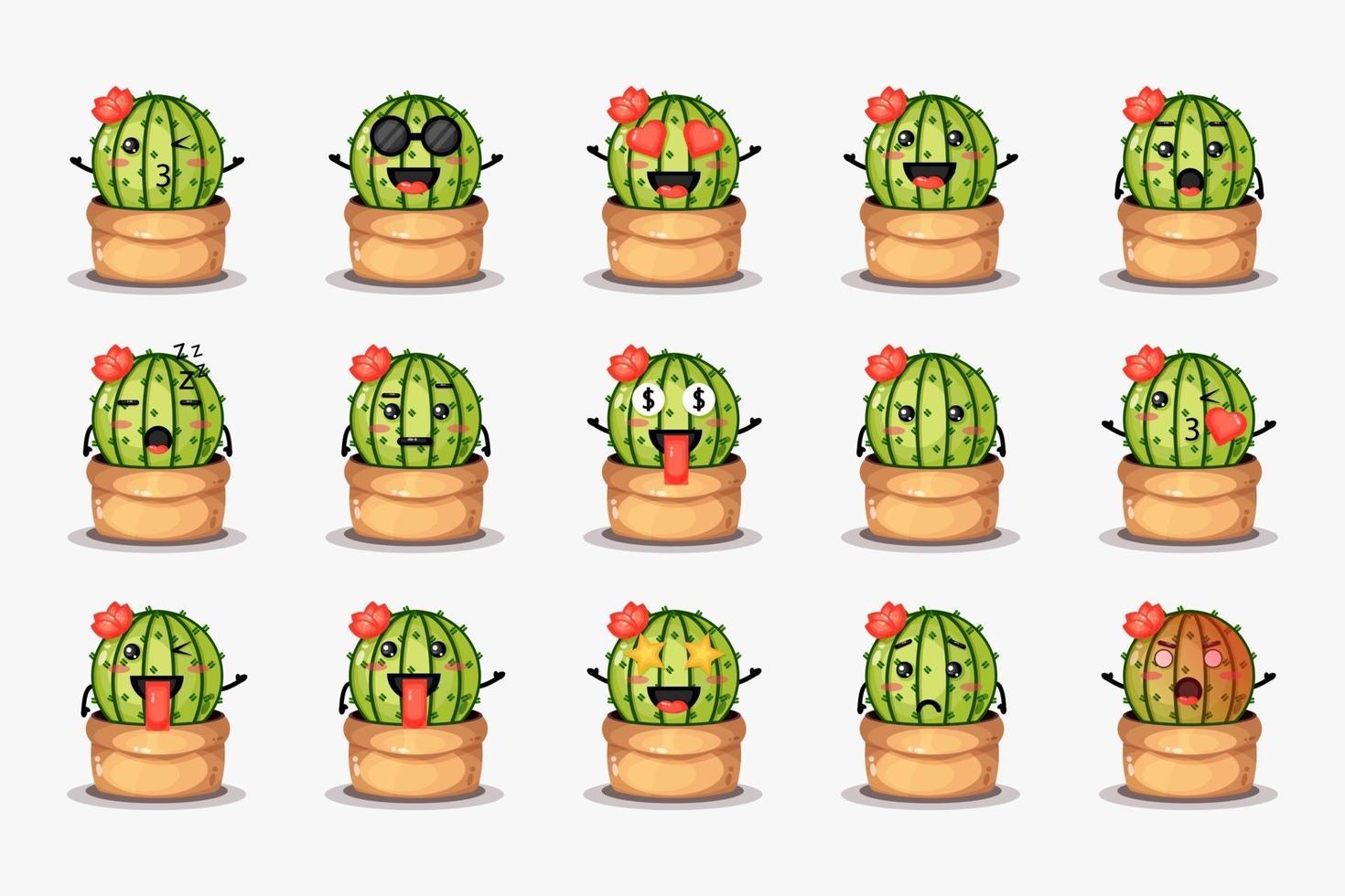 cute cactus in a pot with various expressions set vector