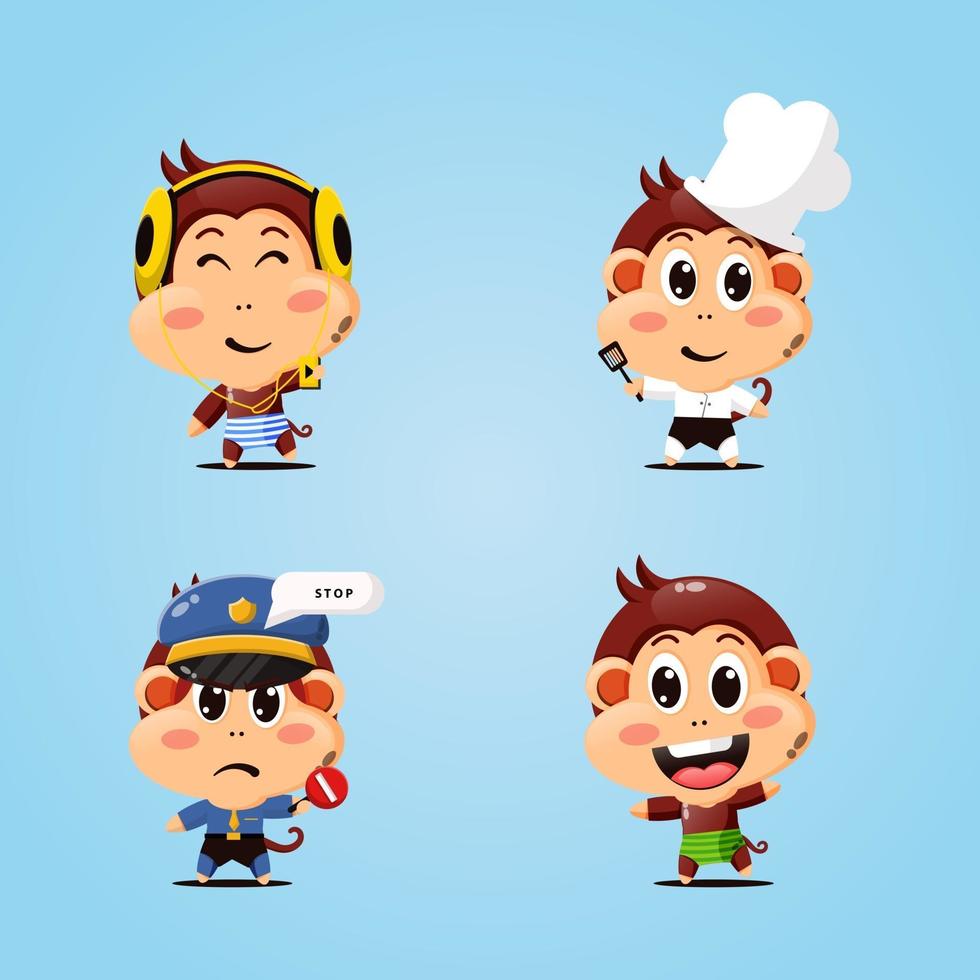 Set of cute monkeys wearing different costumes with different expressions vector