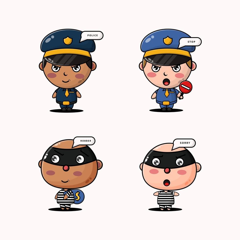 Conjunto de mascotas de diseño policial y ladrón. vector