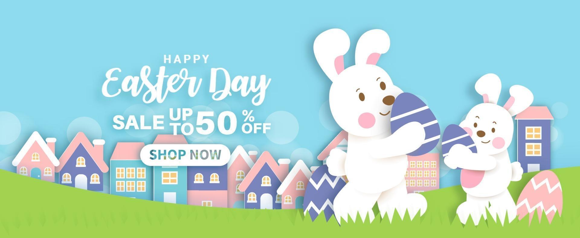 Easter day sale background and banner with  cute rabbiits and easter eggs. vector