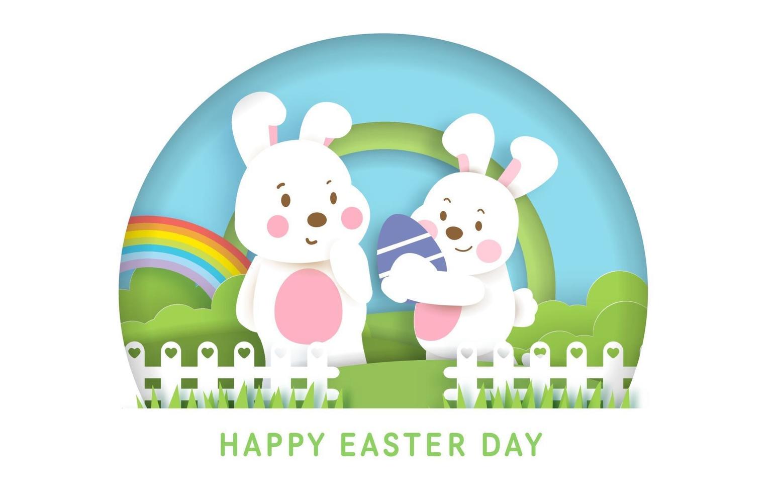 Easter day background and banner with  cute rabbiits and easter eggs. vector