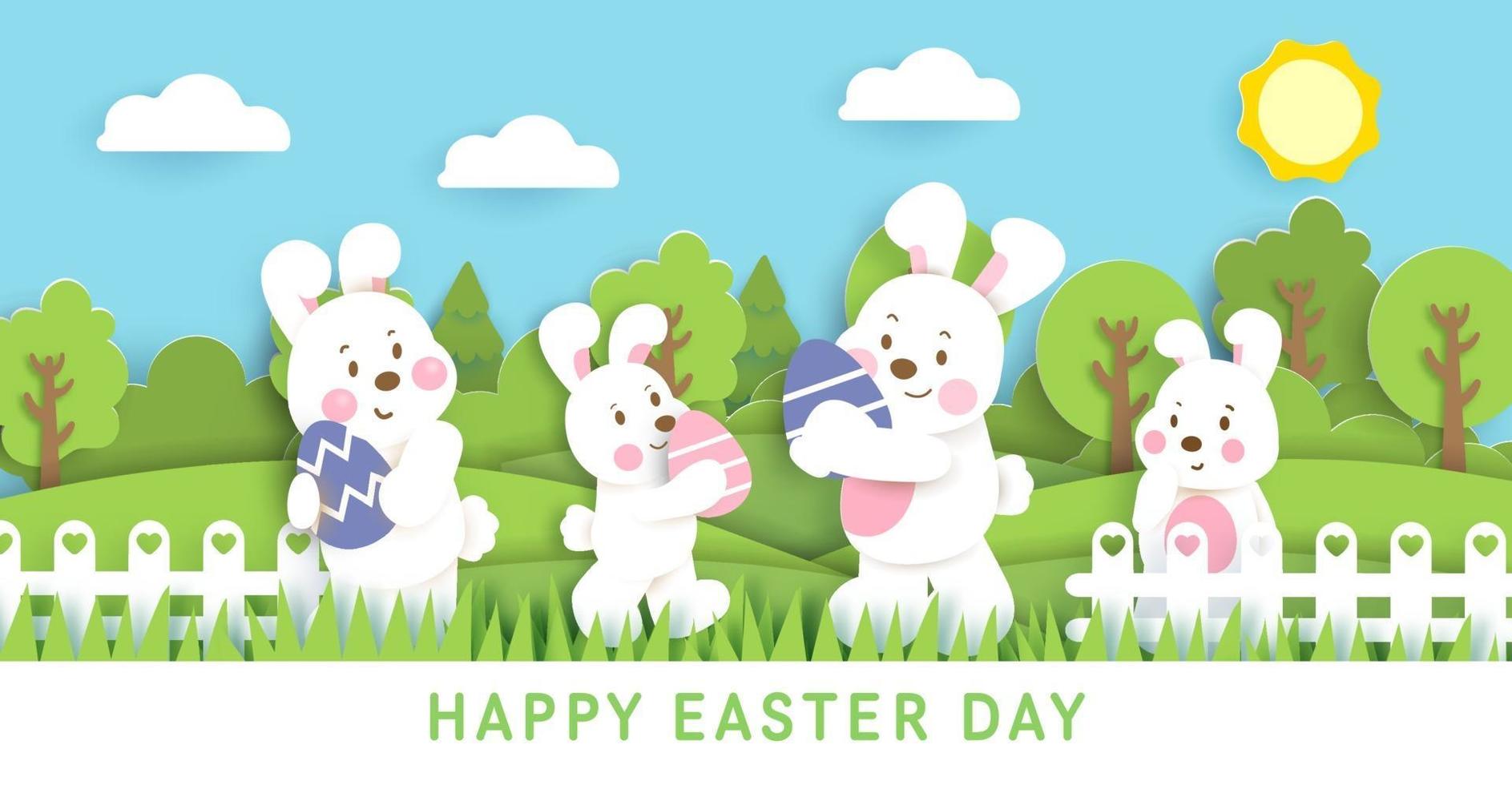 banner del día de pascua con lindos conejos y huevos de pascua. vector