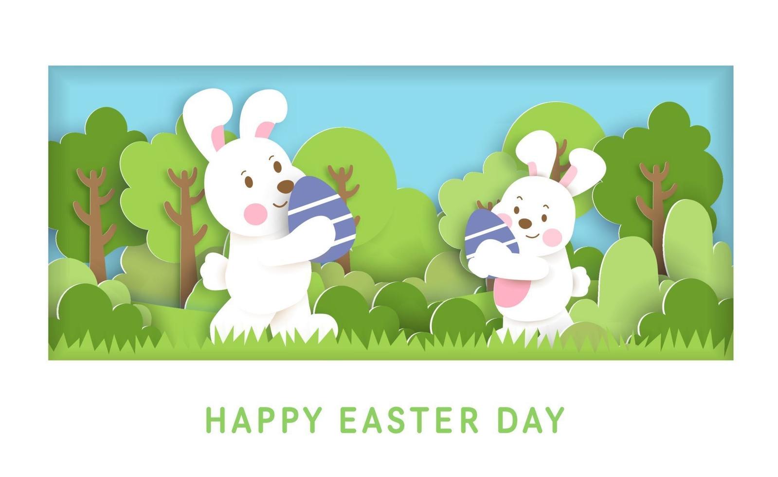 Easter day card with  cute rabbiits and easter eggs. vector