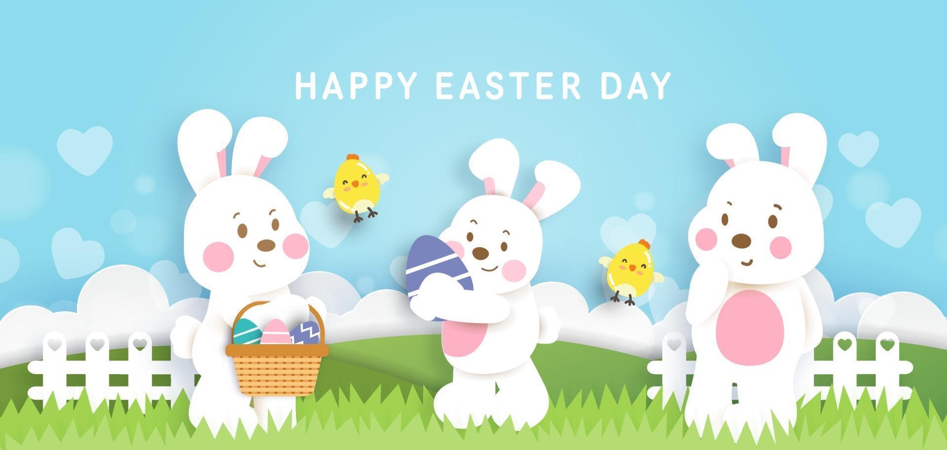 Easter day background and banner with  cute rabbiits and easter eggs. vector