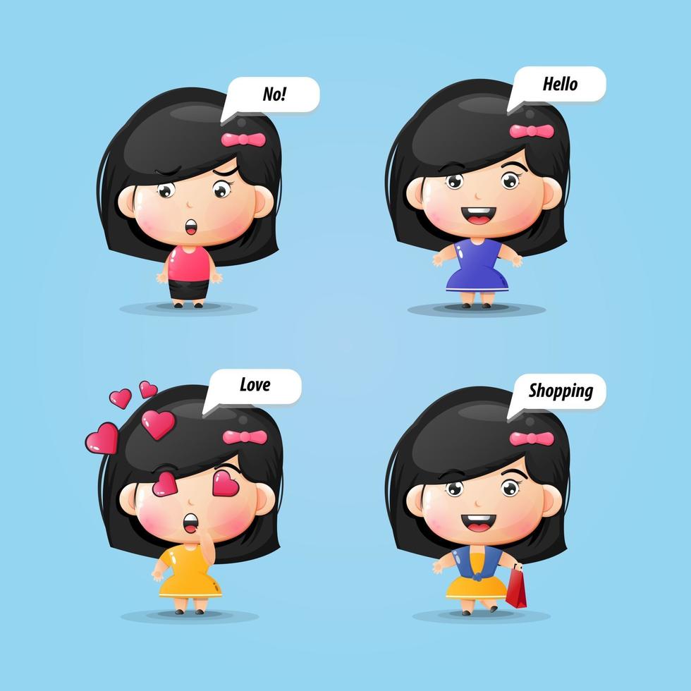 Cute cartoon girl with various expressions and poses vector