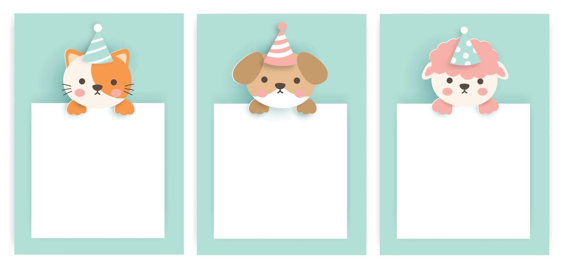 Set of birthday cards with cute animals . vector
