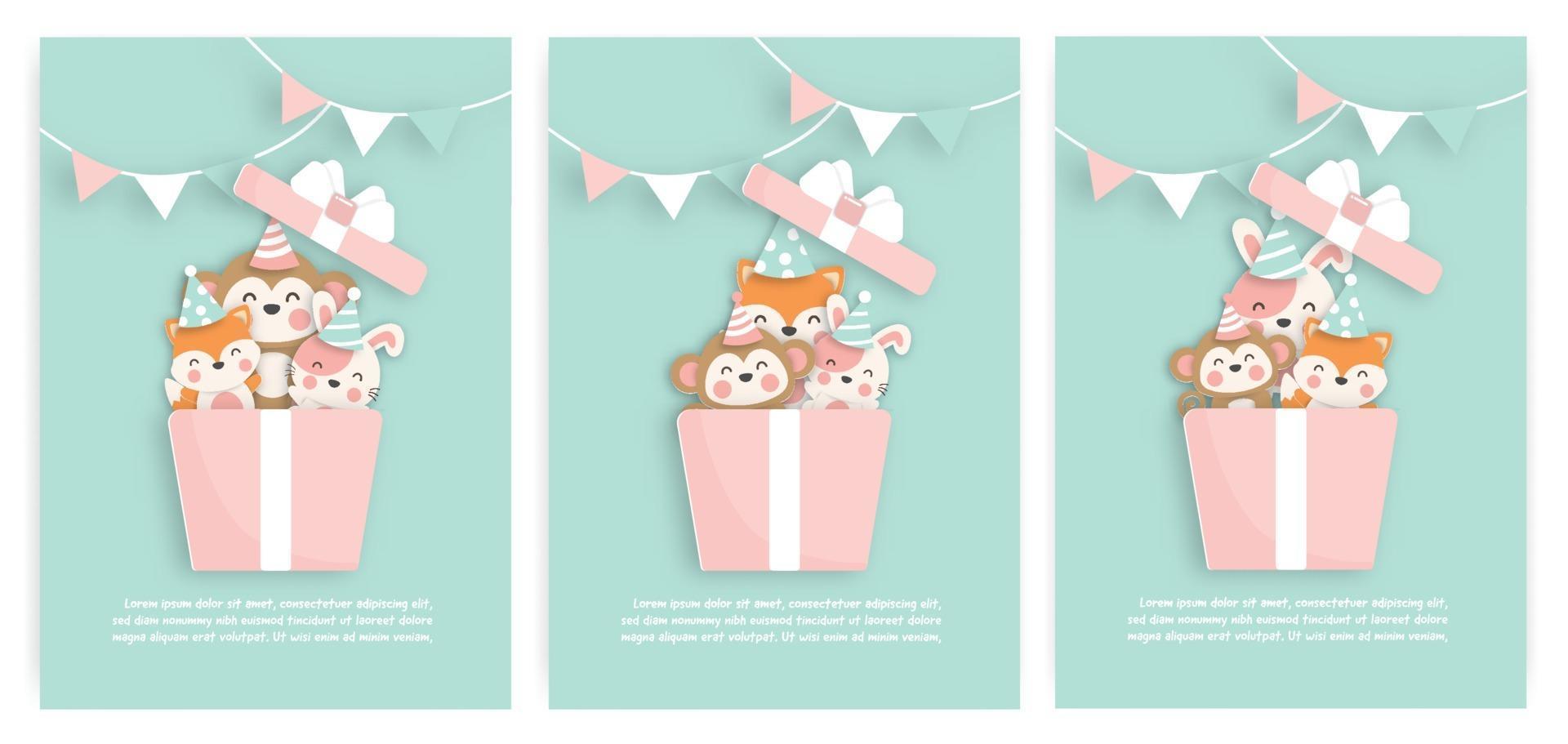 Set of birthday cards with cute fox, monkey and tiger in a gift box vector