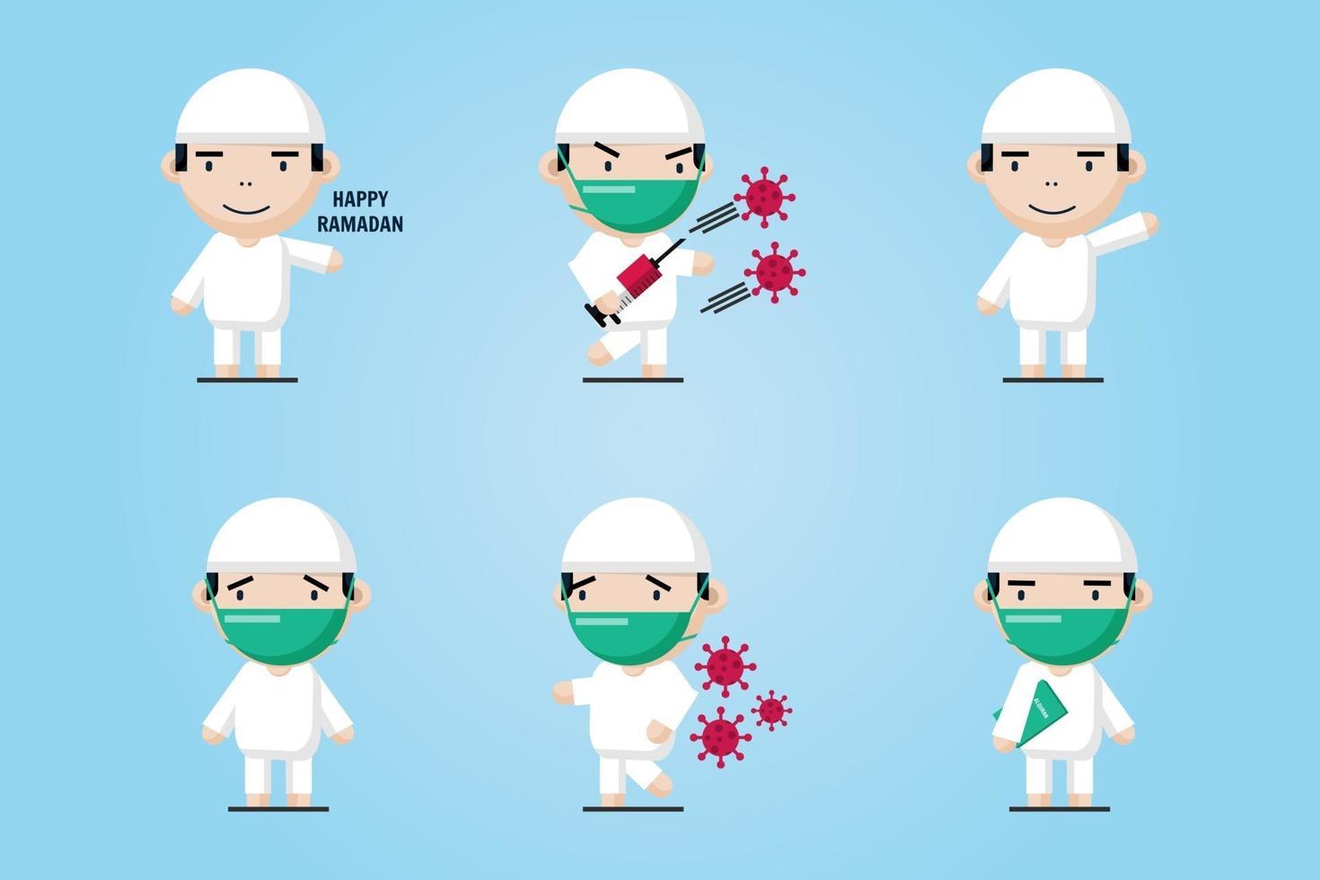 set the character of a cute Muslim boy wearing a medical mask vector