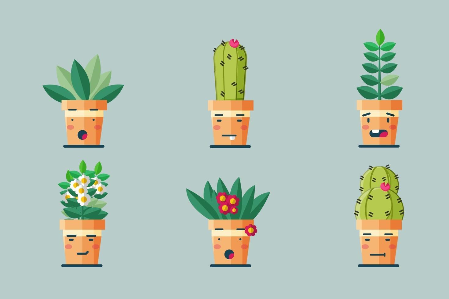 set of cute plants in potted kawaii characters vector