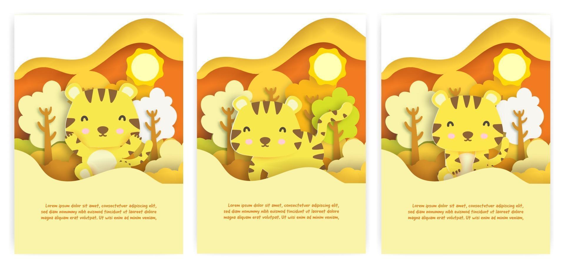 tarjetas de baby shower con cutetiger en el estilo de corte de papel de bosque de otoño. vector