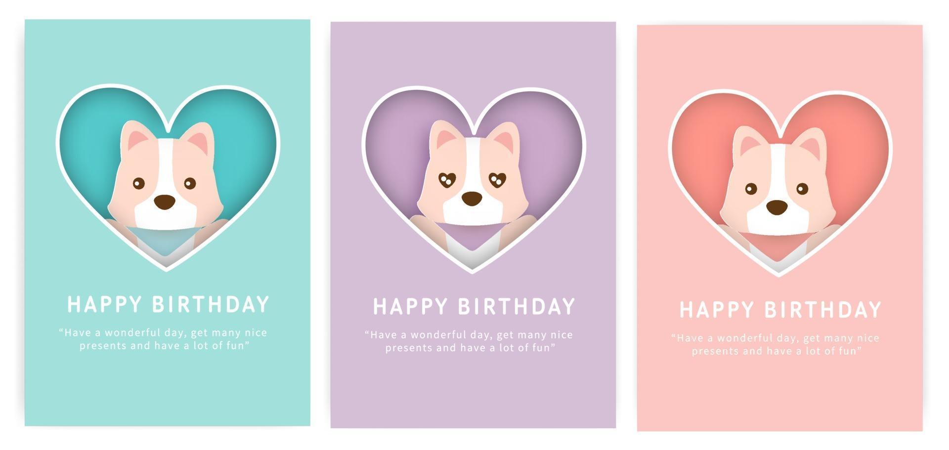 Set of birthday cards with cute corgi dog. vector