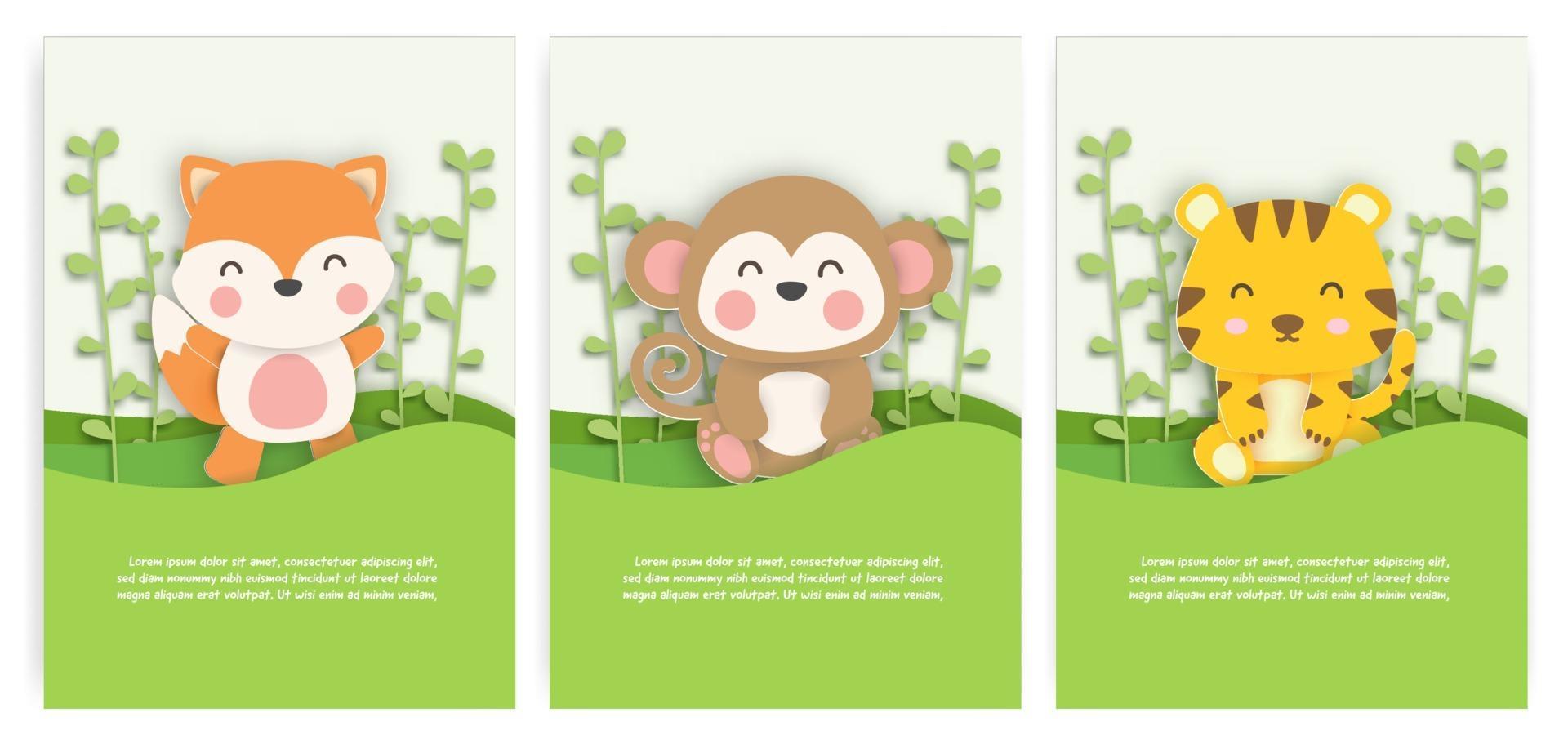 Set of birthday cards with cute fox, monkey and tiger in the forest in paper cut style. vector