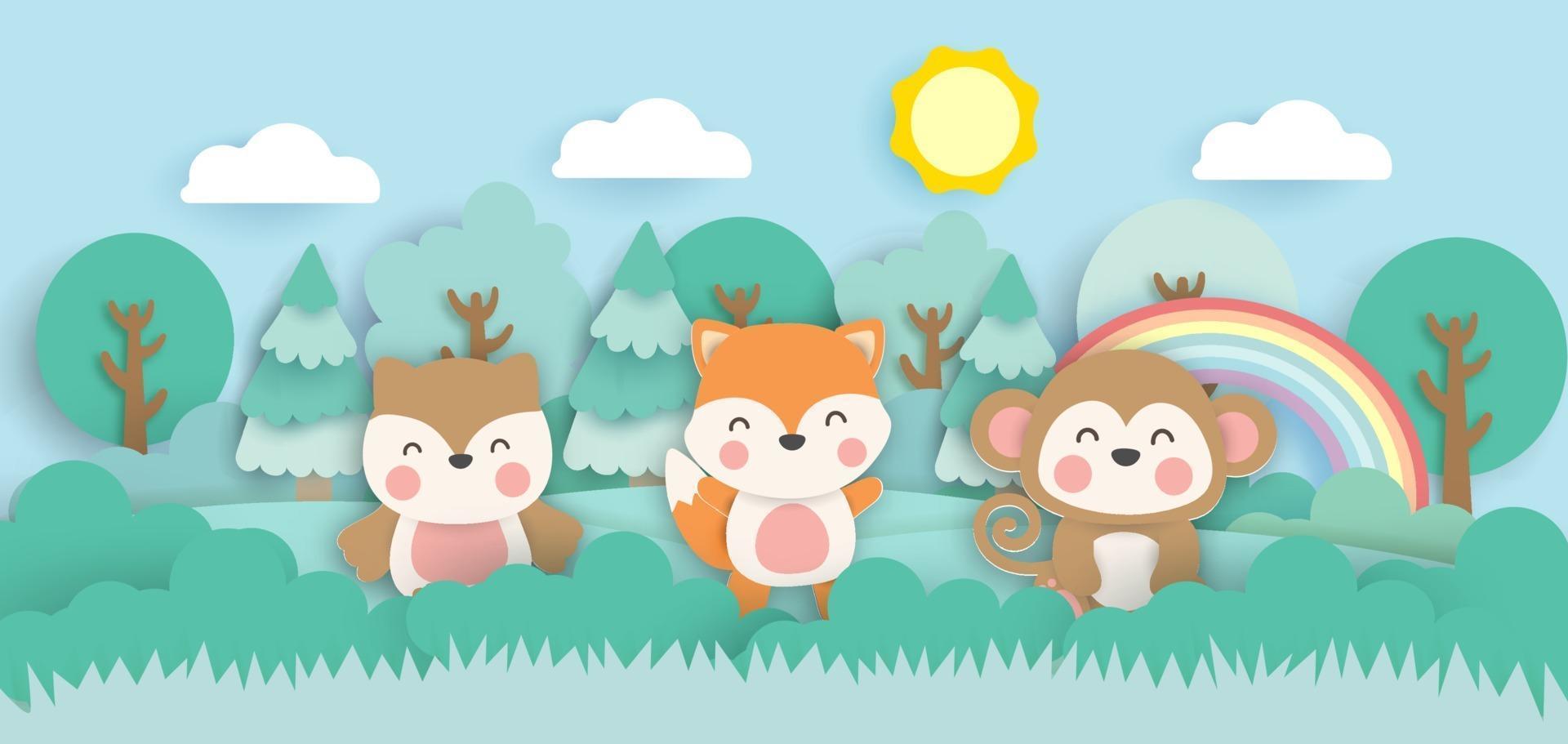 Scene with cute animals in the forest  paper cut style. vector