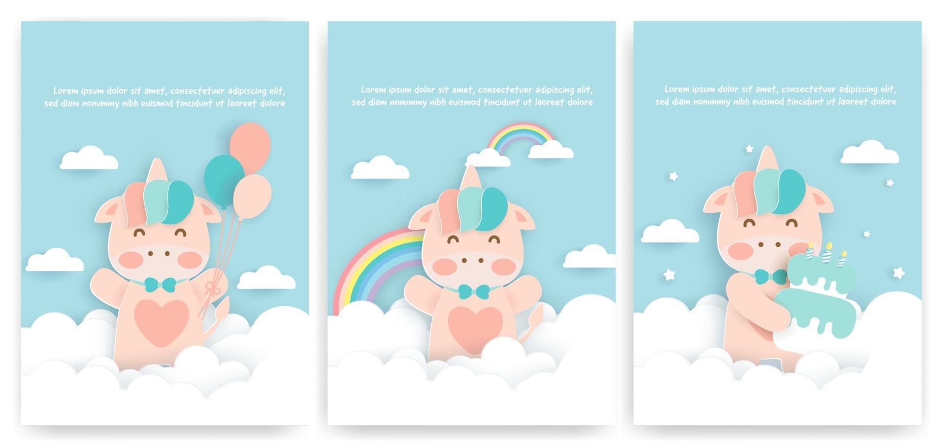 Set of baby shower cards with cute unicorn . vector