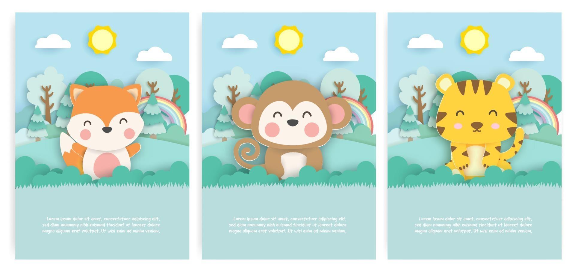 Set of birthday cards with cute fox , monkey and tiger in the forest in paper cut style. vector