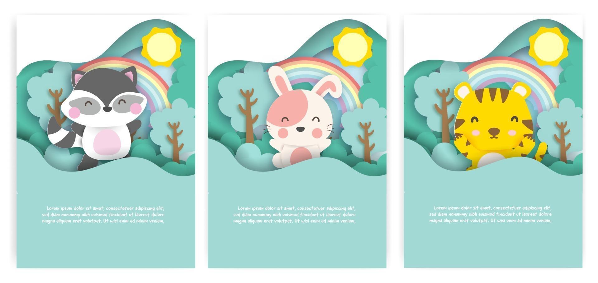 tarjetas de baby shower con lindos animales en el estilo de corte de papel del bosque. vector