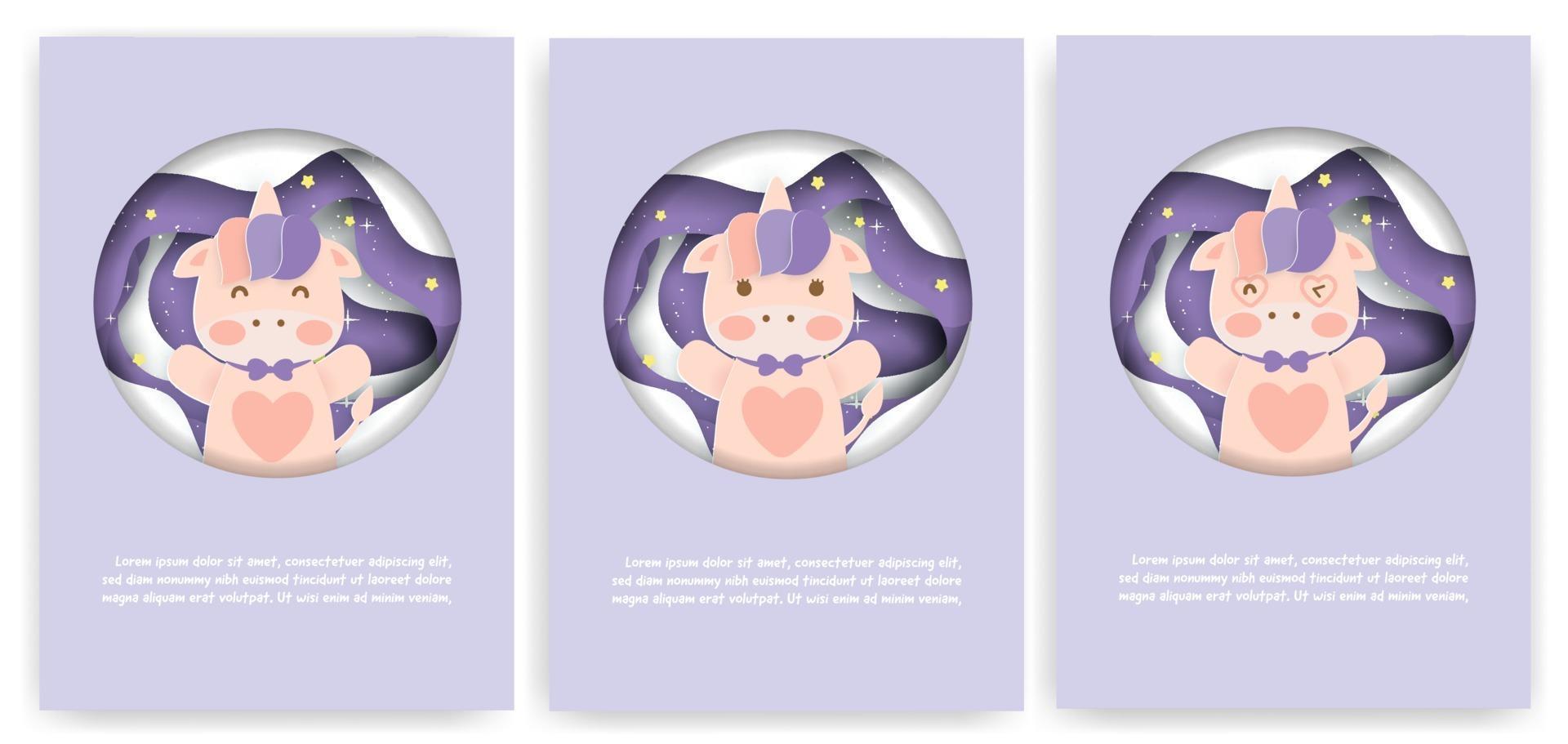 Set of baby shower cards with cute unicorn . vector